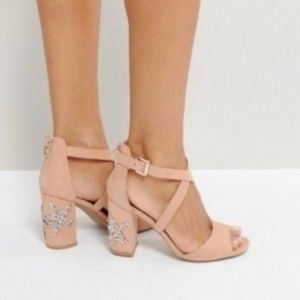 Blush silver glitter Star strappy block heels